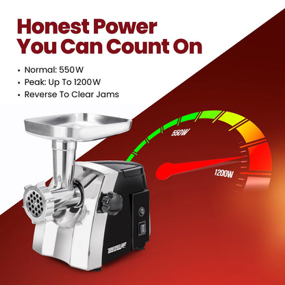 STX International Turboforce Cadet 2000 Series Electric Meat Grinder | 7-in-1 Multifunctional | Foot Pedal | Slicer/Shredder/Grater | Sausage Stuffer | Kubbe Maker | 4 Grinding Plates & More Included