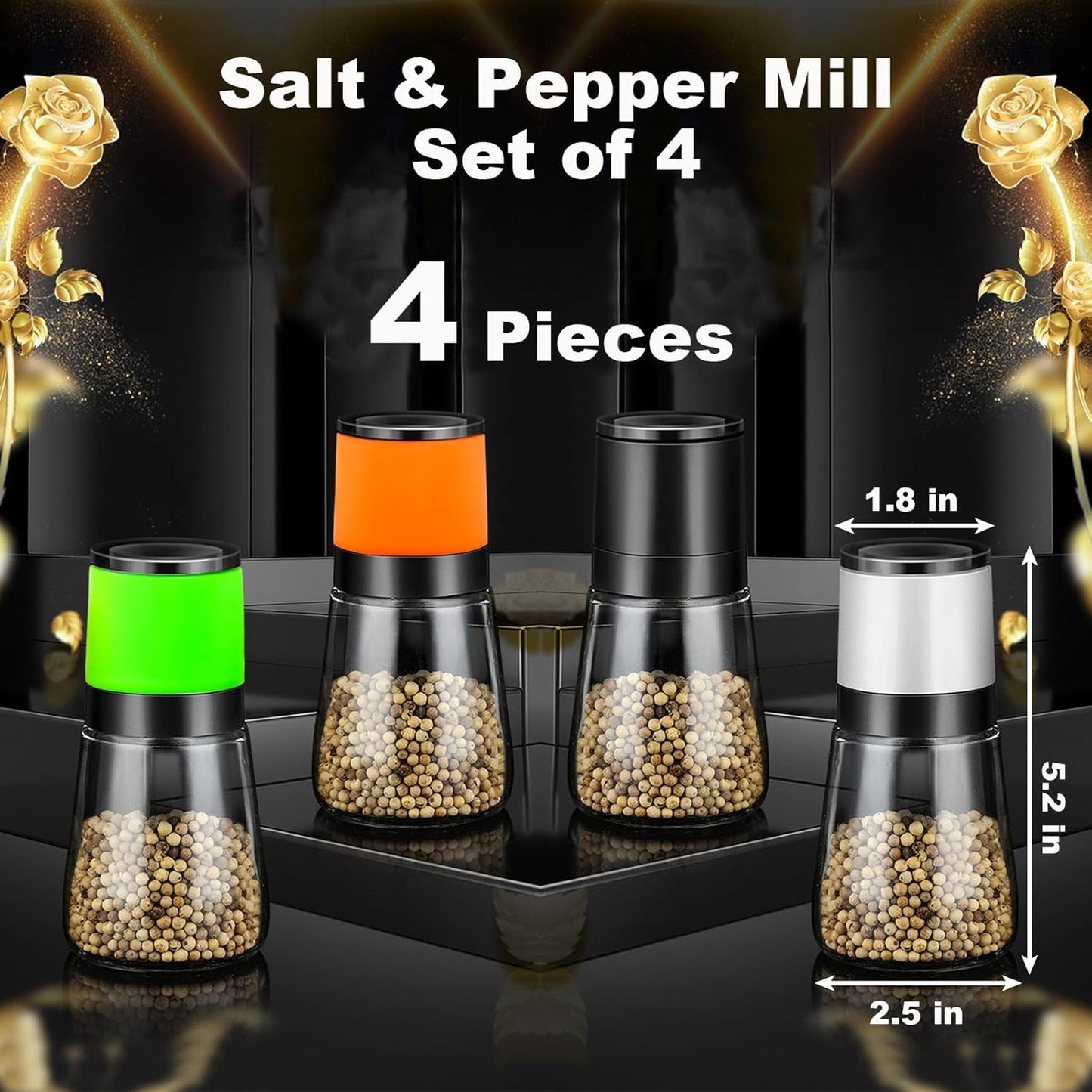 Premium Salt and Pepper Grinder Set of 4, Refillable Manual Salt and Pepper Mill, Adjustable Ceramic, Glass Shaker