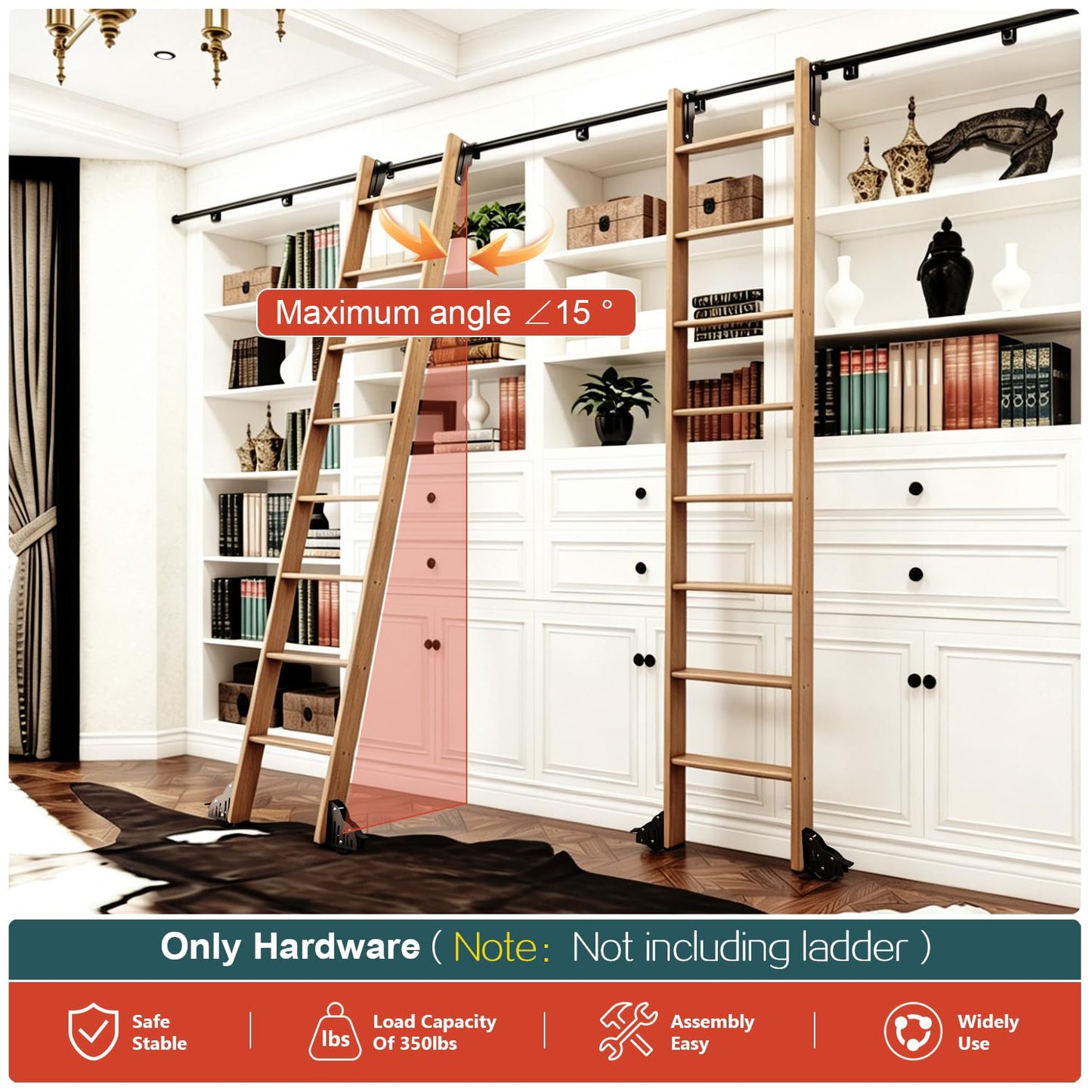104RDHOUSE 16FT Sliding Library Ladder Hardware Kit,Black Telescopic Top Hook,Bottom Wheel with Brake,MAX Load 300lbs,No Ladder