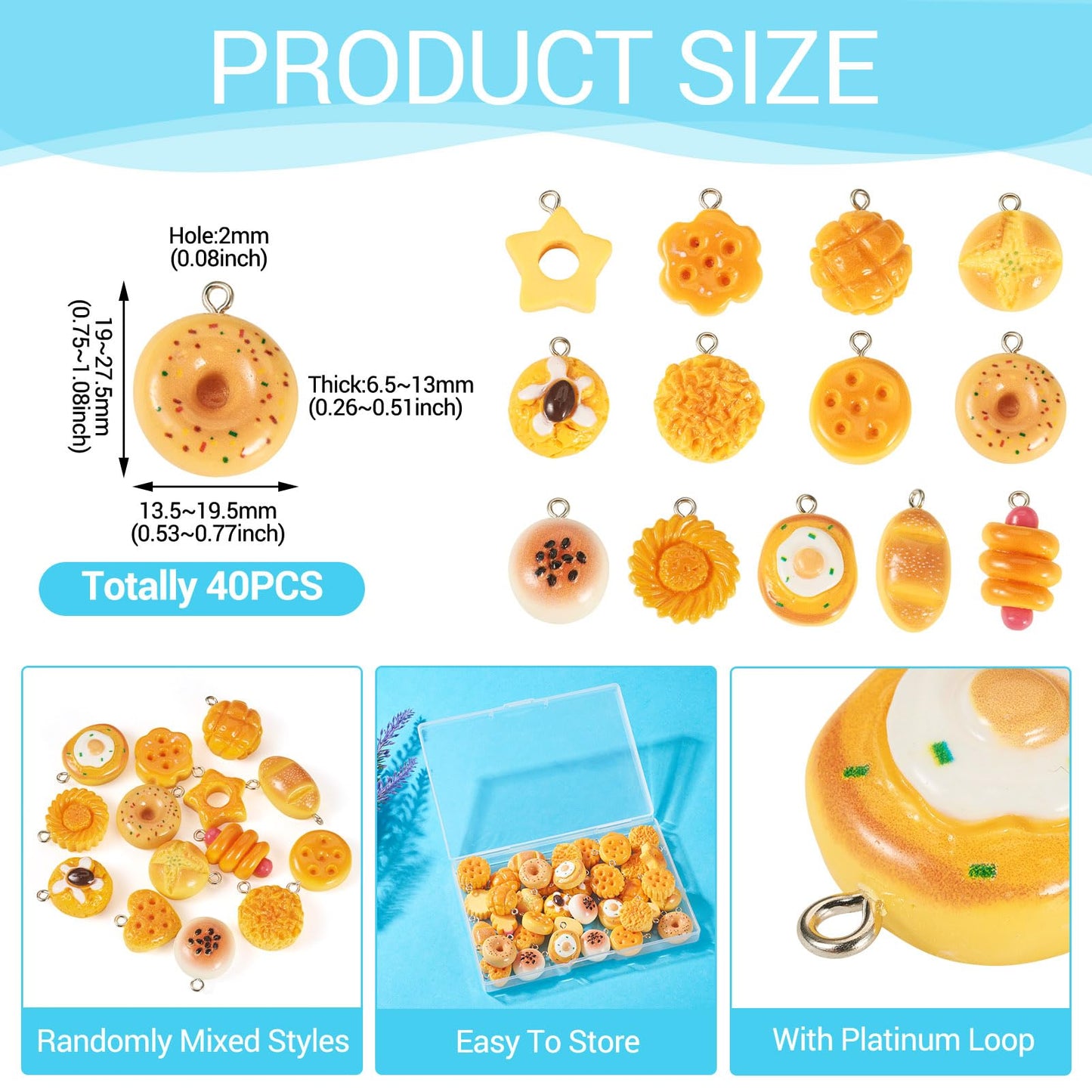 Beadthoven 40Pcs Assorted Resin Imitation Food Charms Cute Baking Bread Charms Small Cookies Donut Hot Dog Miniature Food Pendants for Jewelry Making Earrings Necklaces Keychains DIY Crafts Supplies