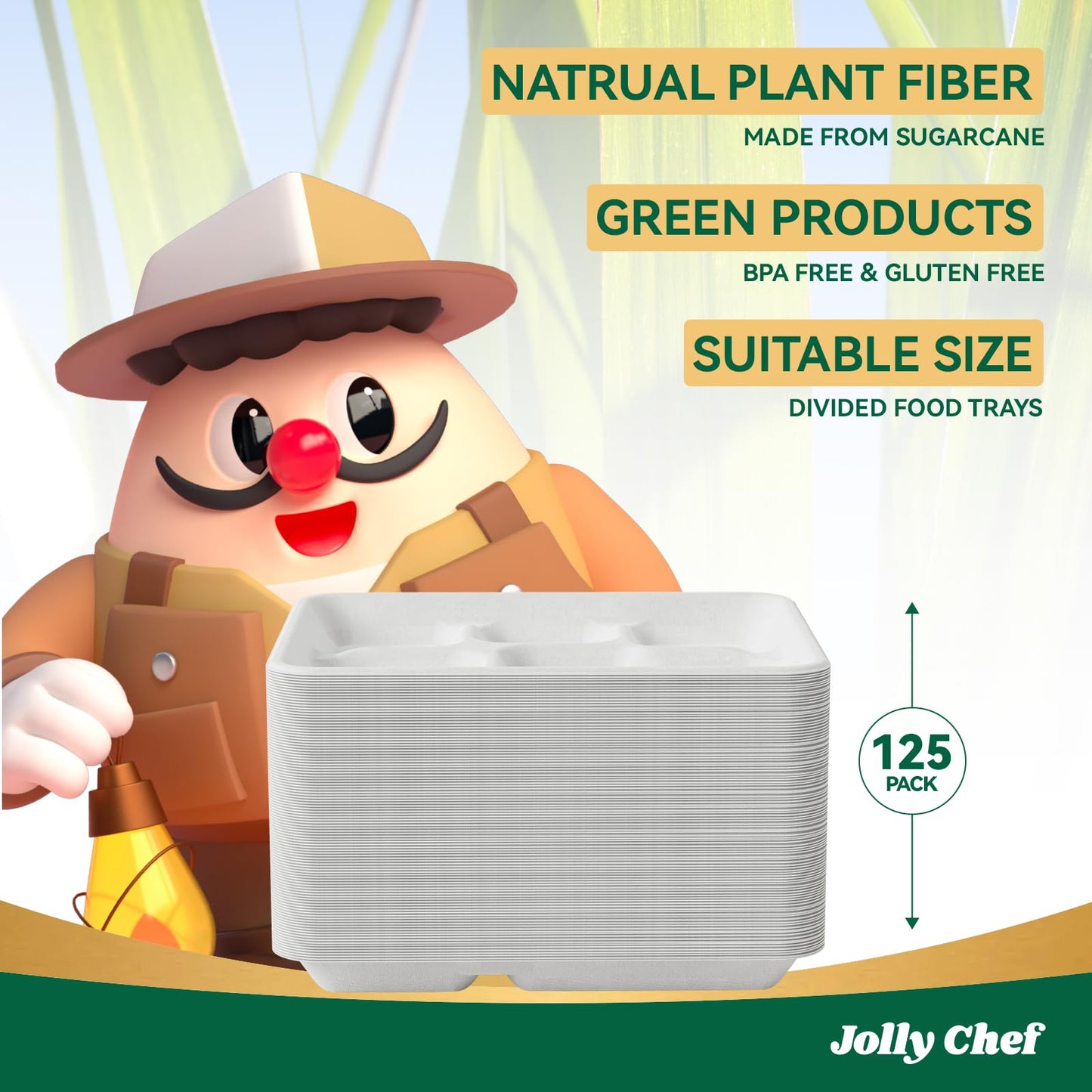 JOLLY CHEF Compostable 𝟱 Compartment Paper Plates 10*8.25*1 𝗶𝗻𝗰𝗵 [𝟭𝟮𝟱 𝗣𝗮𝗰𝗸] Small Heavy Duty Divided Disposable White Eco-Friendly Biodegradable Food Tray for School Lunch Dinner Christmas