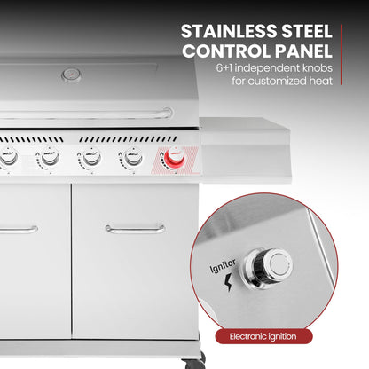 Royal Gourmet GA6402S 6-Burner Propane Gas Grill with Side Burner and Warming Rack, 74,000 BTUs, Cabinet Style Outdoor BBQ Grill for Barbecue Grilling & Backyard Cooking, Silver