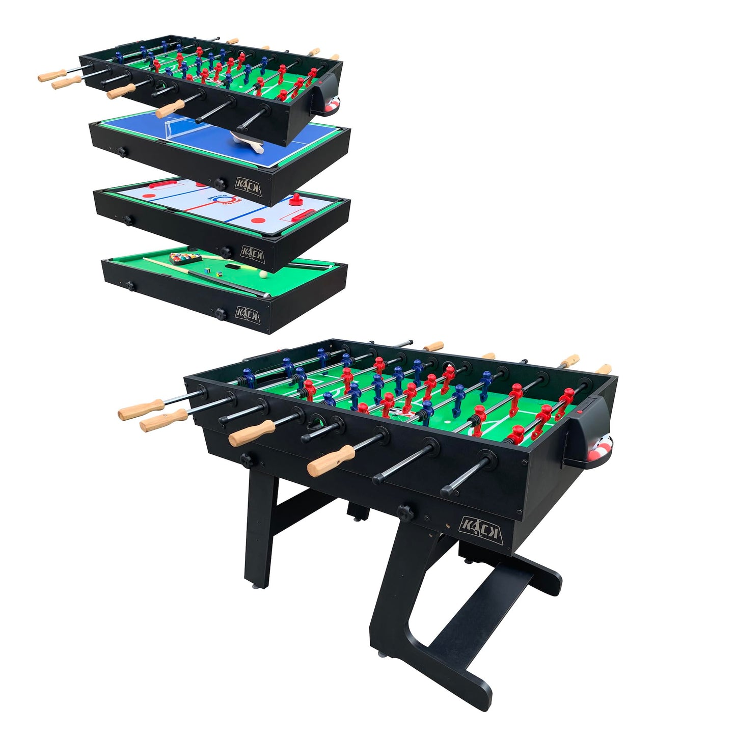 KICK Quatro 55" 4-in-1 Multi Game Table (Black) – Foosball, Billiards/Pool, Push Hockey & Ping Pong