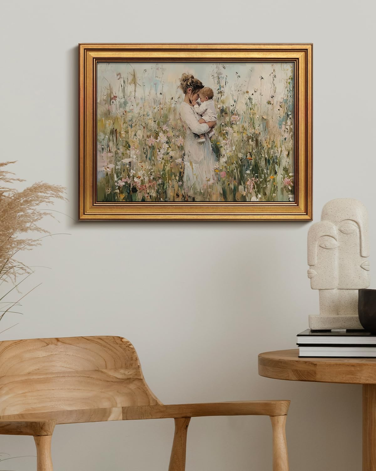 12x16 Vintage Gold Frame Mom Holding Baby Canvas Print Wall Art, Impressionist Framed Motherhood Oil Painting Artwork