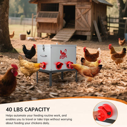 LUIHER 40lb 6 Chicken Food Dispenser Ports Large Capacity Galvanized Metal Poultry Feeder with Legs and Lids - Reduces