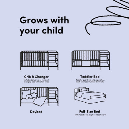 Storkcraft Steveston 5-in-1 Convertible Crib & Changer – GREENGUARD Gold Certified, Fits Standard Crib Mattress, Converts to Toddler Bed and Full Bed, 4 Adjustable Mattress Heights (Gray)
