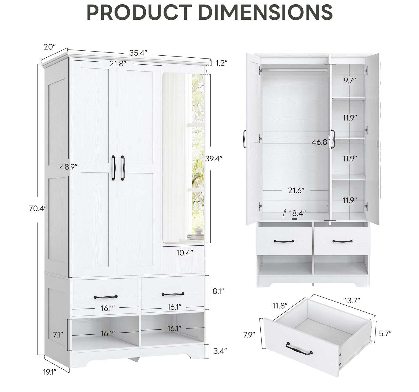 LIKIMIO 3 Doors Armoire Wardrobe Closet with Mirror, 2 Shoe Racks, 70" H Wooden Bedroom Armoires with 2 Drawers and Adjustable Shelves, Freestanding Closet Storage Cabinet with Hanging Rail, White