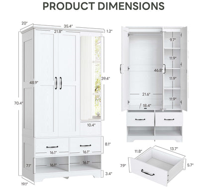 LIKIMIO 3 Doors Armoire Wardrobe Closet with Mirror, 2 Shoe Racks, 70" H Wooden Bedroom Armoires with 2 Drawers and Adjustable Shelves, Freestanding Closet Storage Cabinet with Hanging Rail, White