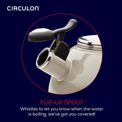 Circulon Enamel on Steel Whistling Induction Teakettle, Tea Kettle for Stovetop with Flip-Up Spout, 2-Quart, Gray