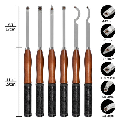 SIIIXS Full Size Carbide Wood Lathe Turning Tool Kit with Wooden Box, 6pcs 18" Professional Carbide Lathe Tools including Swan Neck Hollower, Rougher, Finisher, Beech Handle with Rubber