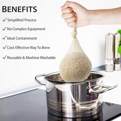 14' (5 Pack) Cotton Mesh Reusable Steeping Bags for Beer, Wine, Cider, Tea, Soups & Nut Milk, Hops & Grain Socks
