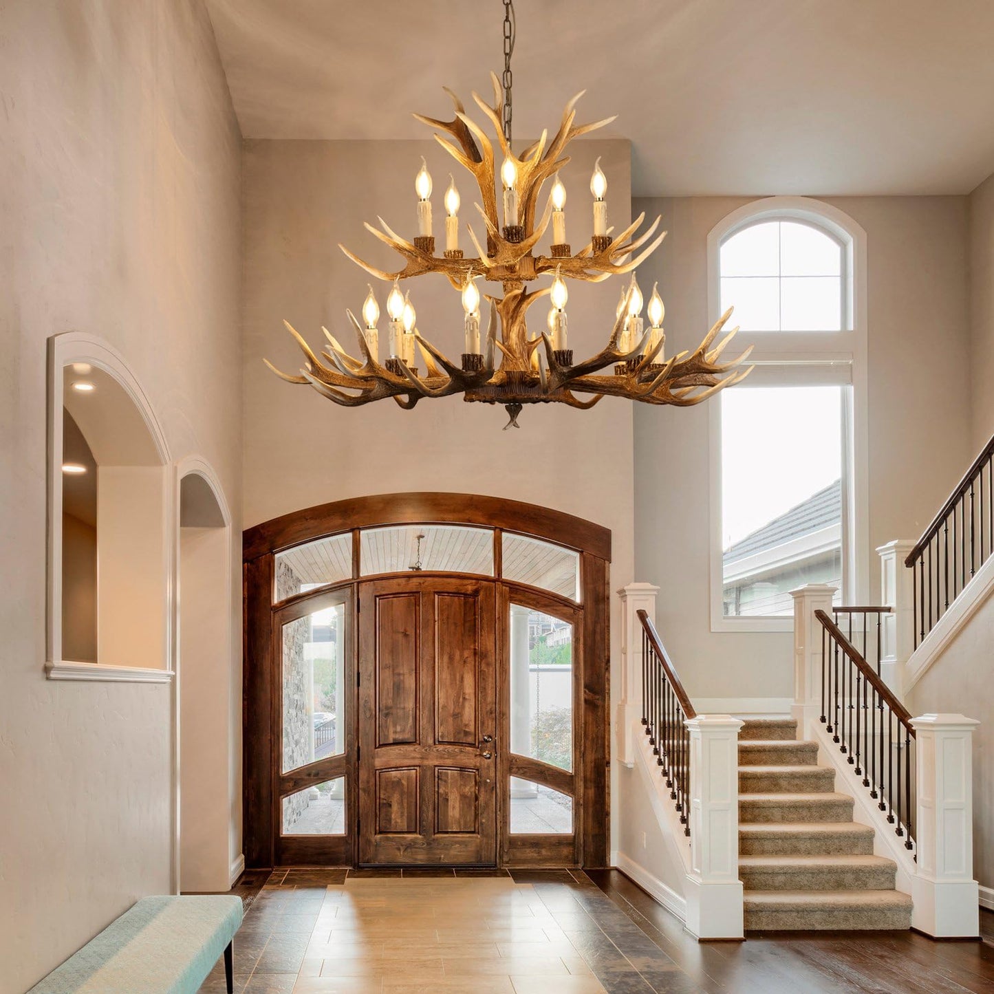 Fayelight Antler Chandelier Lighting,Large 2-Tier Deer Rustic Farmhouse Chandelier Light Fixtures for Dining Room Living Room Kitchen Island Bedroom Entryway Foyer (10+5 Lamp Arms + 3 Arms)