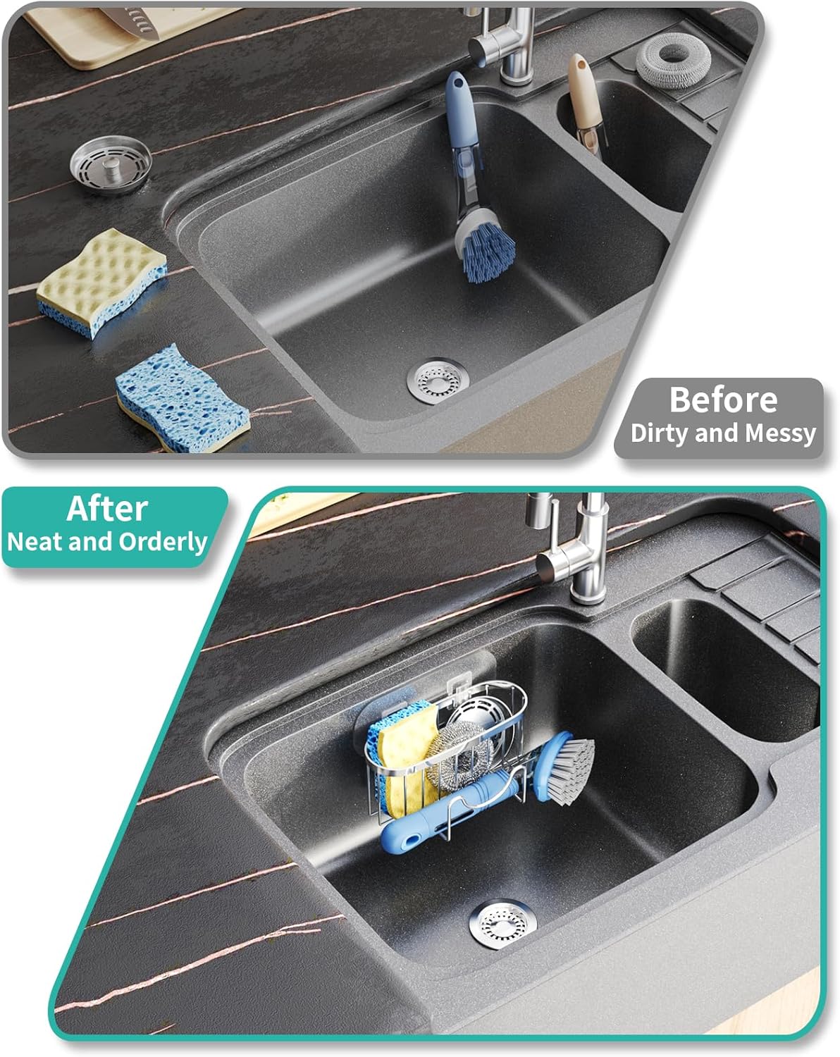 2 HapiRm Multifunctional Adhesive Kitchen Sink Organizer with M-Shaped, Installation Methods Kitchen Sponge Holder
