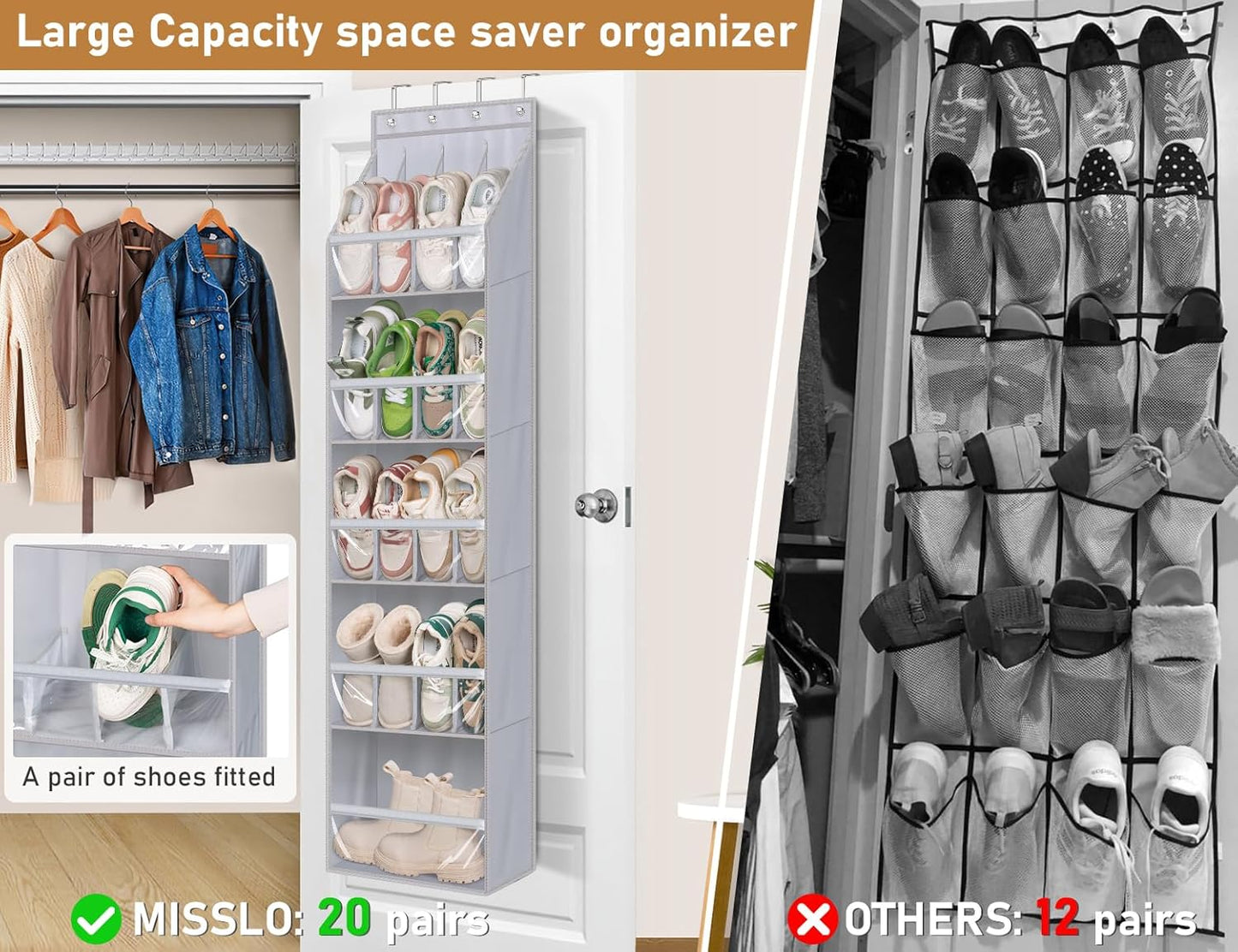 20 Closet 13 MISSLO Pairs Over the Door Shoe Organizer for Narrow Hanging Shoe Rack for Door Hanger Deep Pocket Door