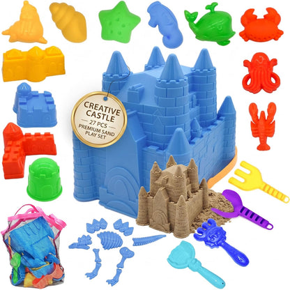 SupMLC Beach Toys, 27 Pcs Sandbox Toys for Kids, Sand Castle Building Kit, Sand Buckets, Collapsible Mesh Bag, Shovels, Dinosaur Molds – Travel Sand Toys for Boys Girls Age 3-10 Beach Accessories
