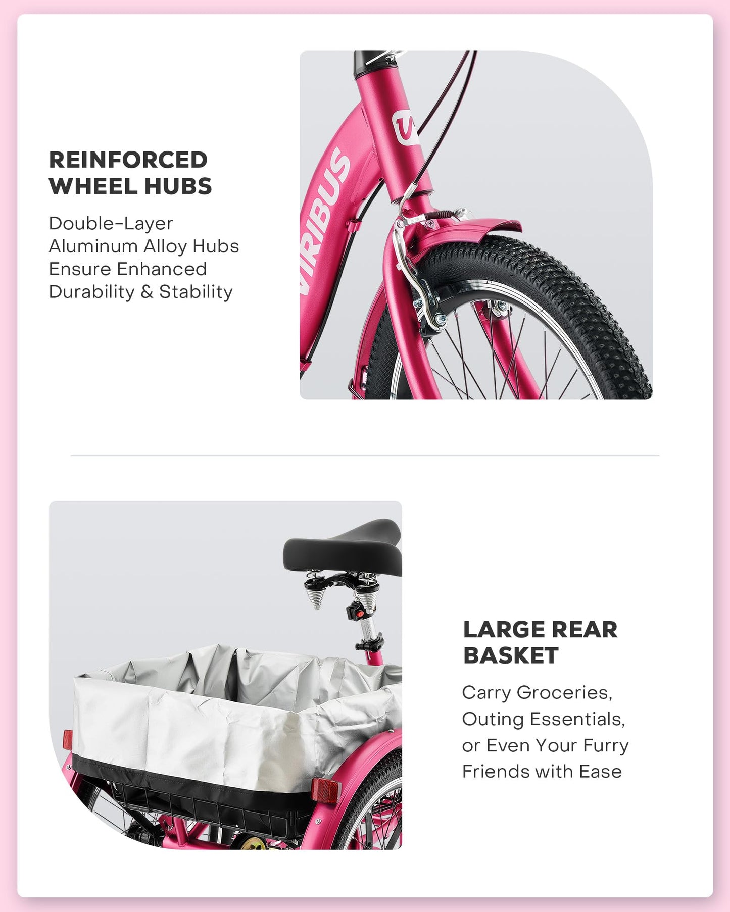 VIRIBUS Folding Tricycle for Adults, 7 Speed 20 Inch Mini Foldable 3 Wheel Bikes for Women Seniors with Dual Chain & Low Step-Through Frame, Collapsible Trike with Cargo Basket, 330 lbs, Hot Pink