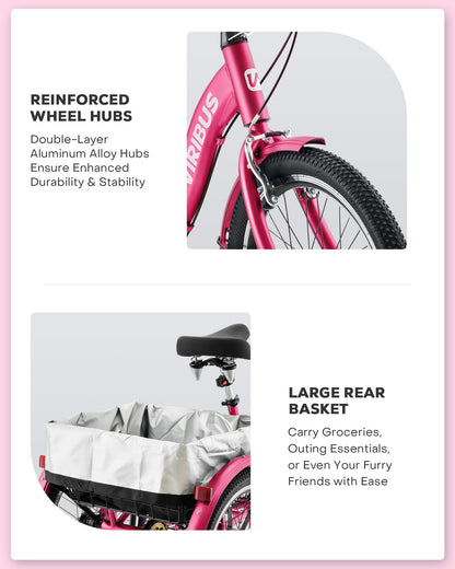 VIRIBUS Folding Tricycle for Adults, 7 Speed 20 Inch Mini Foldable 3 Wheel Bikes for Women Seniors with Dual Chain & Low Step-Through Frame, Collapsible Trike with Cargo Basket, 330 lbs, Hot Pink