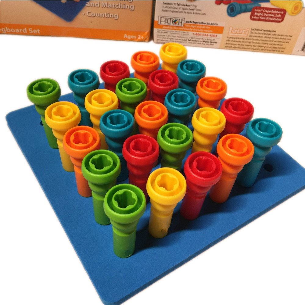 VIPAMZ Peg Board Set Toys-Montessori Occupational Therapy Fine Motor Skills Toy, Suitable for Toddlers and Preschoolers Over 3+ Year Old. 25 Tall-Stacker Pegs Rubber 8" Pegboard