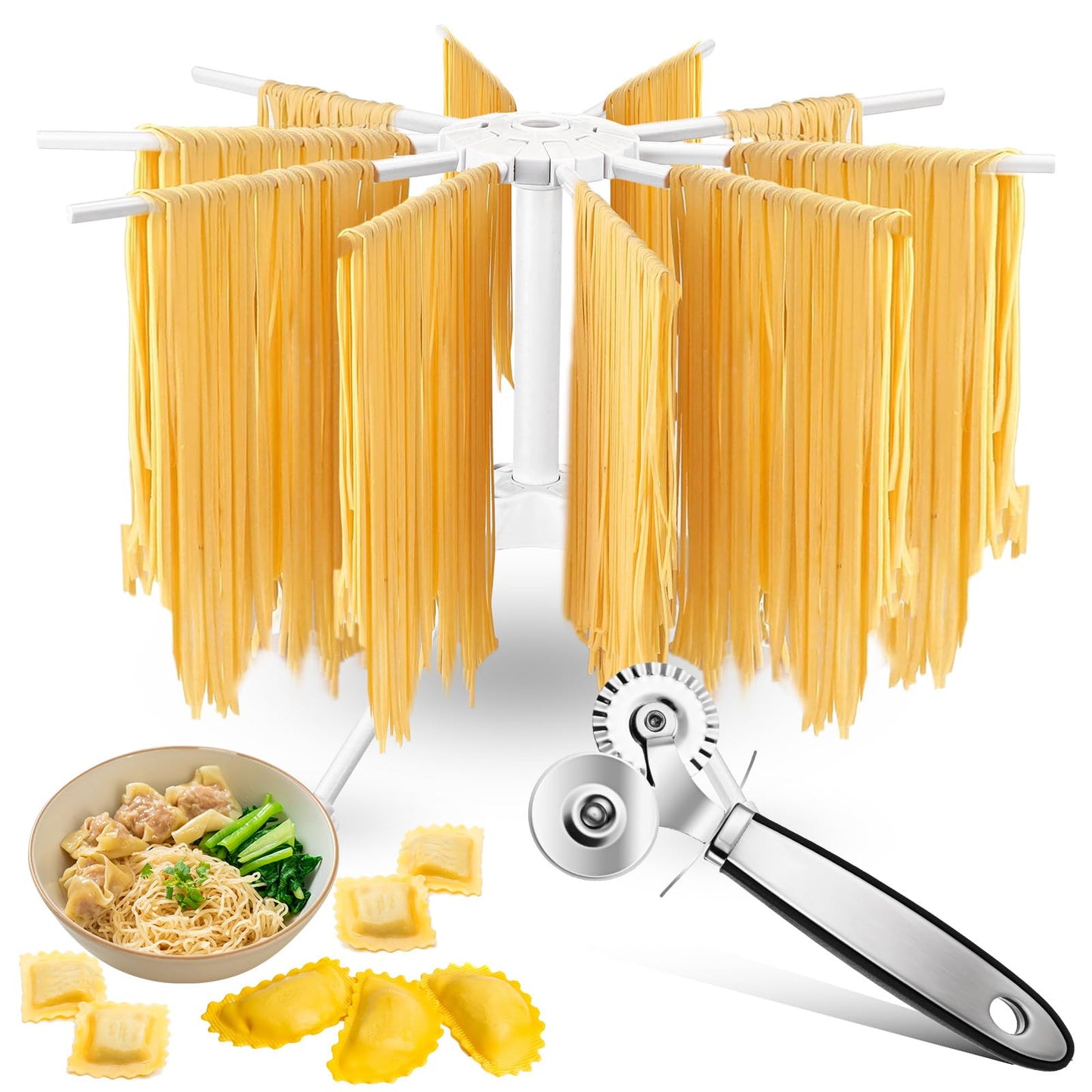 FoldTier Pasta Drying Rack and Cutter Wheel Ravioli Cutter Wheel Ravioli Roller Plastic Foldable Homemade Fresh Spaghetti Collapsible Stand Stable Easy Storage for Kitchen and Home Dumpling Lasagna