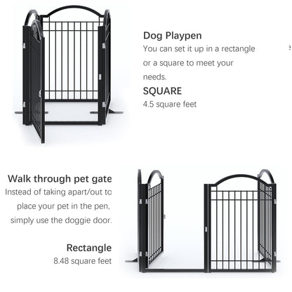 BHG Metal No-Assembly Freestanding Dog Gate with Door Walk Through, Extra Wide 96", Extra Tall 32" Pet Gate, Accordion Puppy Folding Playpen Dog Fence, with 2PCS Support (Black, 4 Panels)