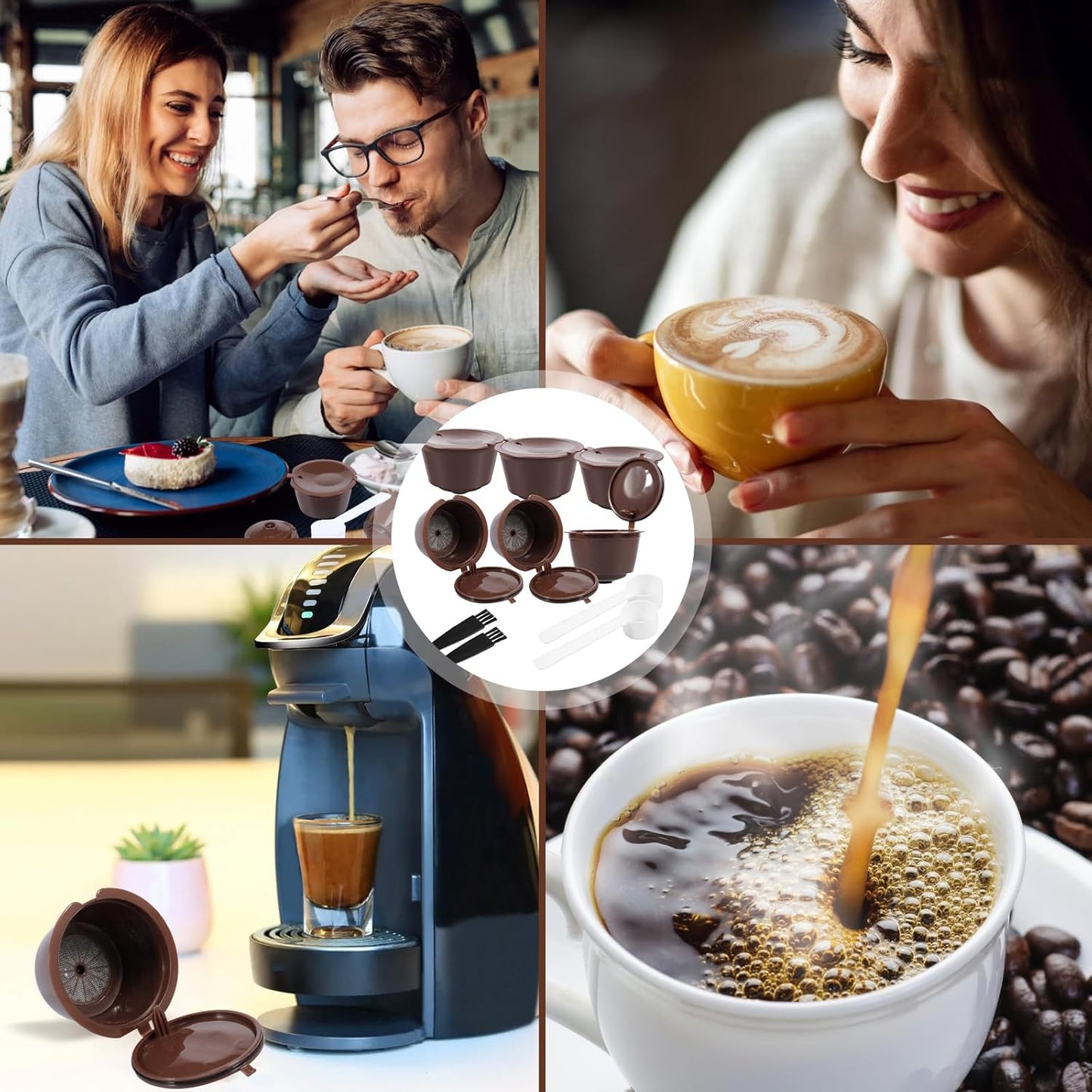 6 Pcs Refillable Coffee Pods Kit, 5.4x3.5 cm Food Grade PP Coffee Capsule with 2 Spoon and 2 Brush