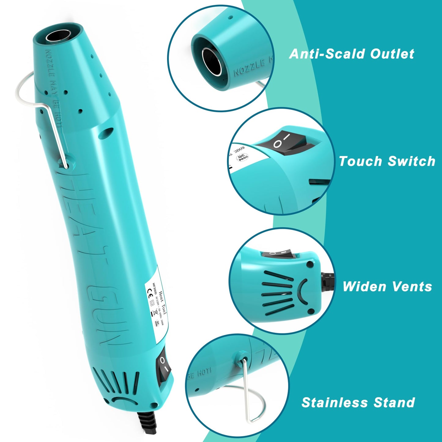 Heat Gun, Mini Heat Gun for Shrink Tubing, for DIY Crafts, 300W Heat Air Gun with Reflector Nozzle, Shrink Wrap Gun Tool for Packaging PVC, Drying Paint, Clay - green