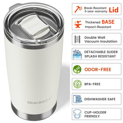 20oz Hygienic Stainless Steel Vacuum Insulated Tumbler w/ Easy-On/Easy-Off Lid - Removable slider, Double Wall 18/8 Travel Mug, BPA-Free, Fits Cup Holders, Premium Quality, Smart Value - Cream