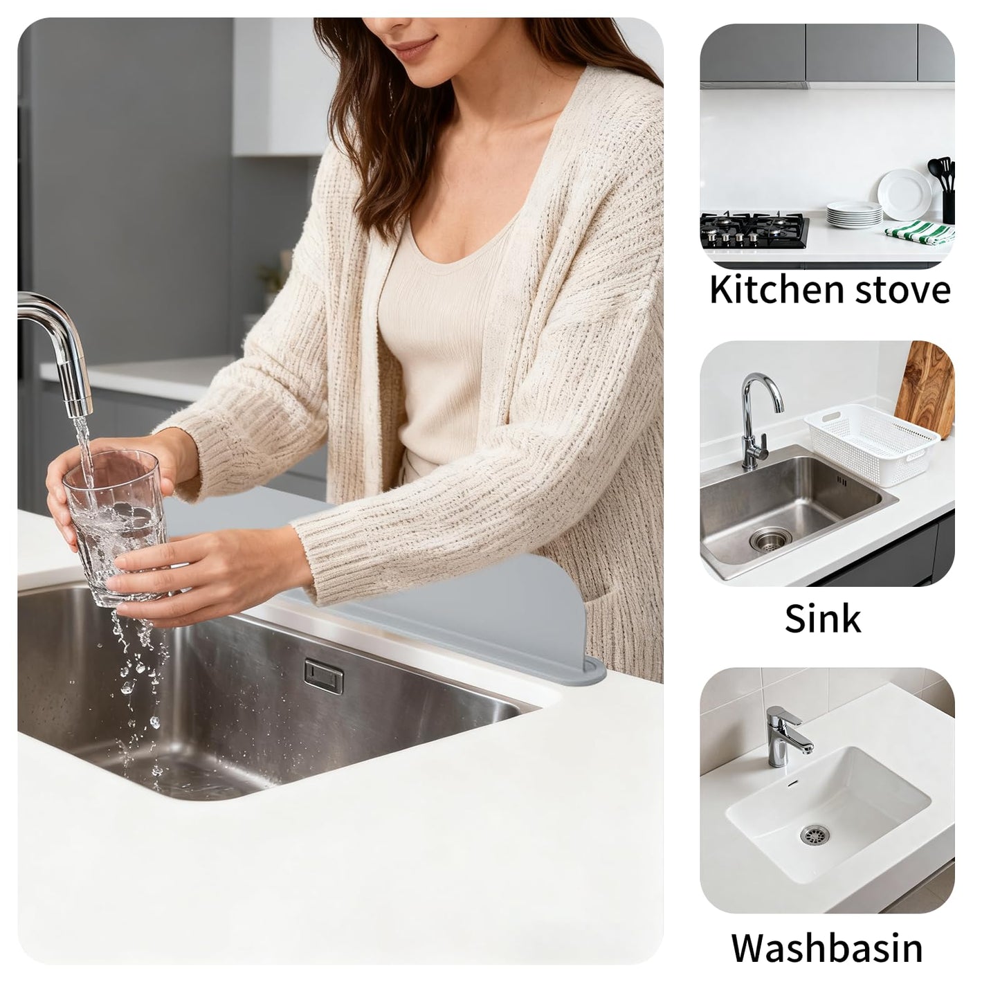19.2inch(49cm) Silicone Sink Splash Guard, Sink Splash Guard with Suction Cup,Kitchen Sink Water Splash Guard, Kitchen Sink Splash Guard that Can Be Placed Behind (1, Gray)