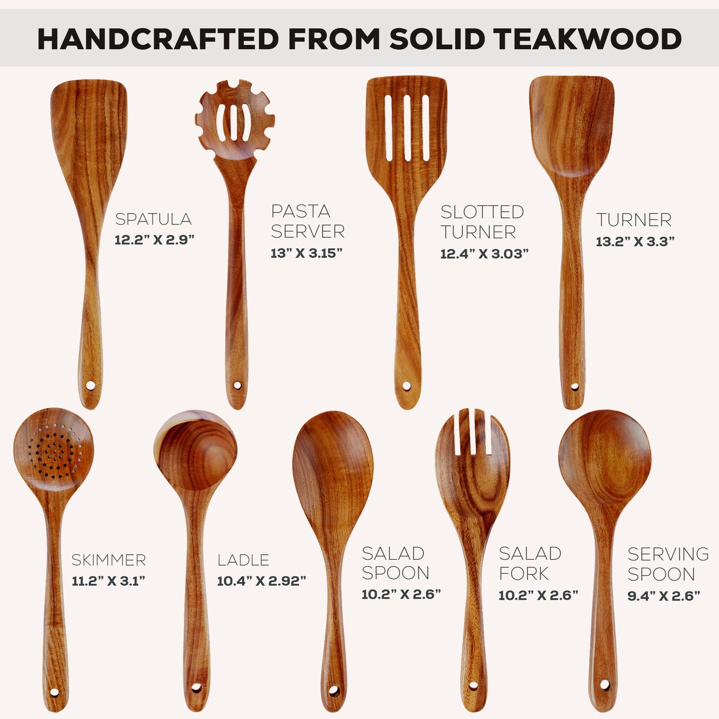 Zulay Kitchen 9-Piece Teak Wood Cooking Utensil Set – Non-Toxic & Non-Stick Safe Wooden Spoons & Kitchen Tools with Comfortable Grip, Smooth Finish Natural Teak – Perfect Kitchen Gift Set