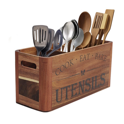 RMCOKGX Utensil Holder for Kitchen Countertop - Extra Large 4 Compartment Wooden Organizer in Acacia Wood, Storage for Cooking Tools and Cutlery, Farmhouse Style for Home Cooking