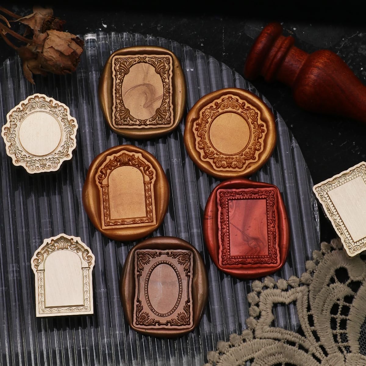 Frame Wax Seal Stamp Kit, WASOHLING Great Details 3D Embossed Relief Carving Head and Wood Handle for Wax Seal Stamp, Decor for Wedding Invites, Envelopes, Journaling or DIY Crafts (F06)