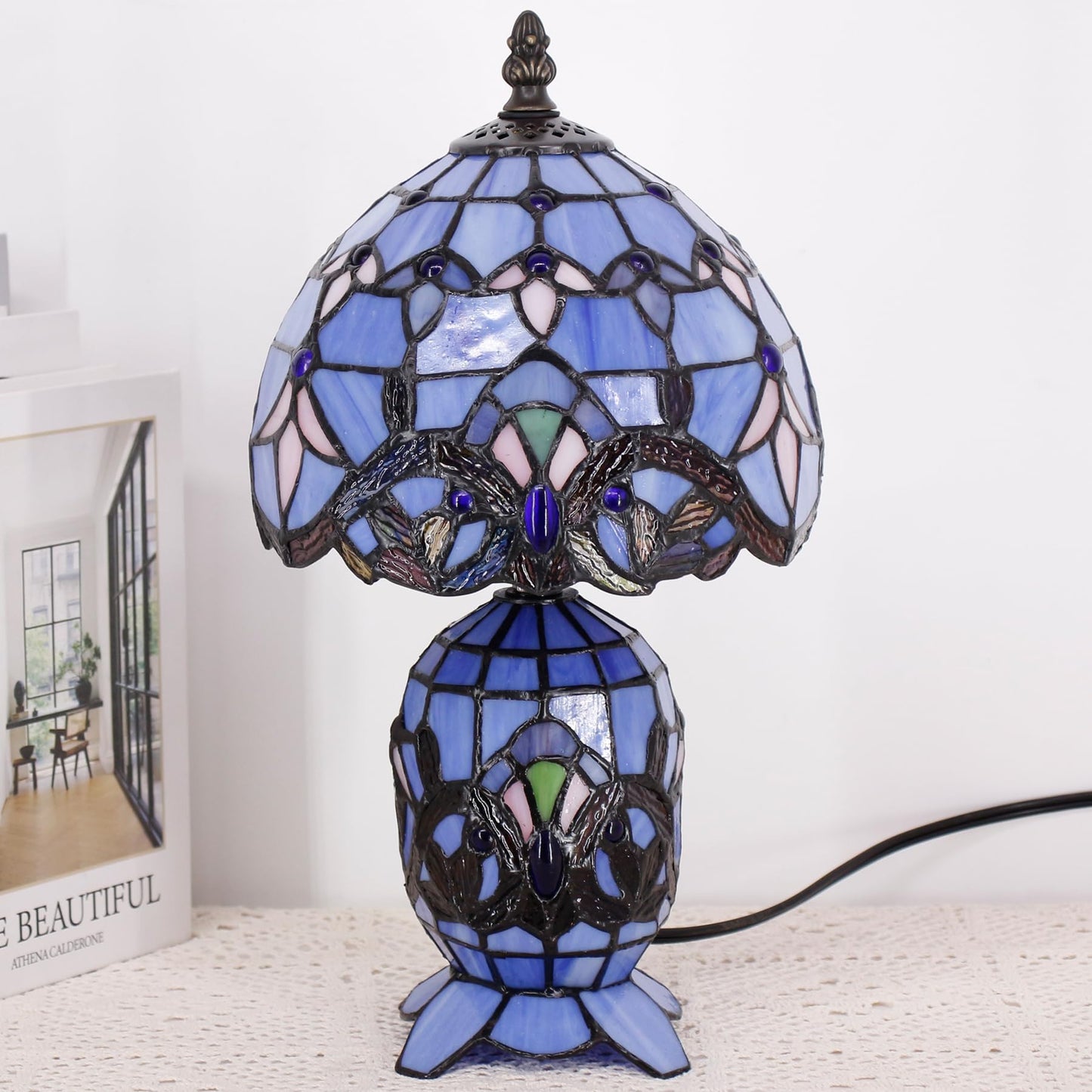 TCODTPOL Small Tiffany Lamp Stained Glass Table Lamp Mini Mother Daughter Vase Desk Accent Light for Bedroom Bedside Reading Home Antique Style Decor 8X14 Inches (Blue Baroque)