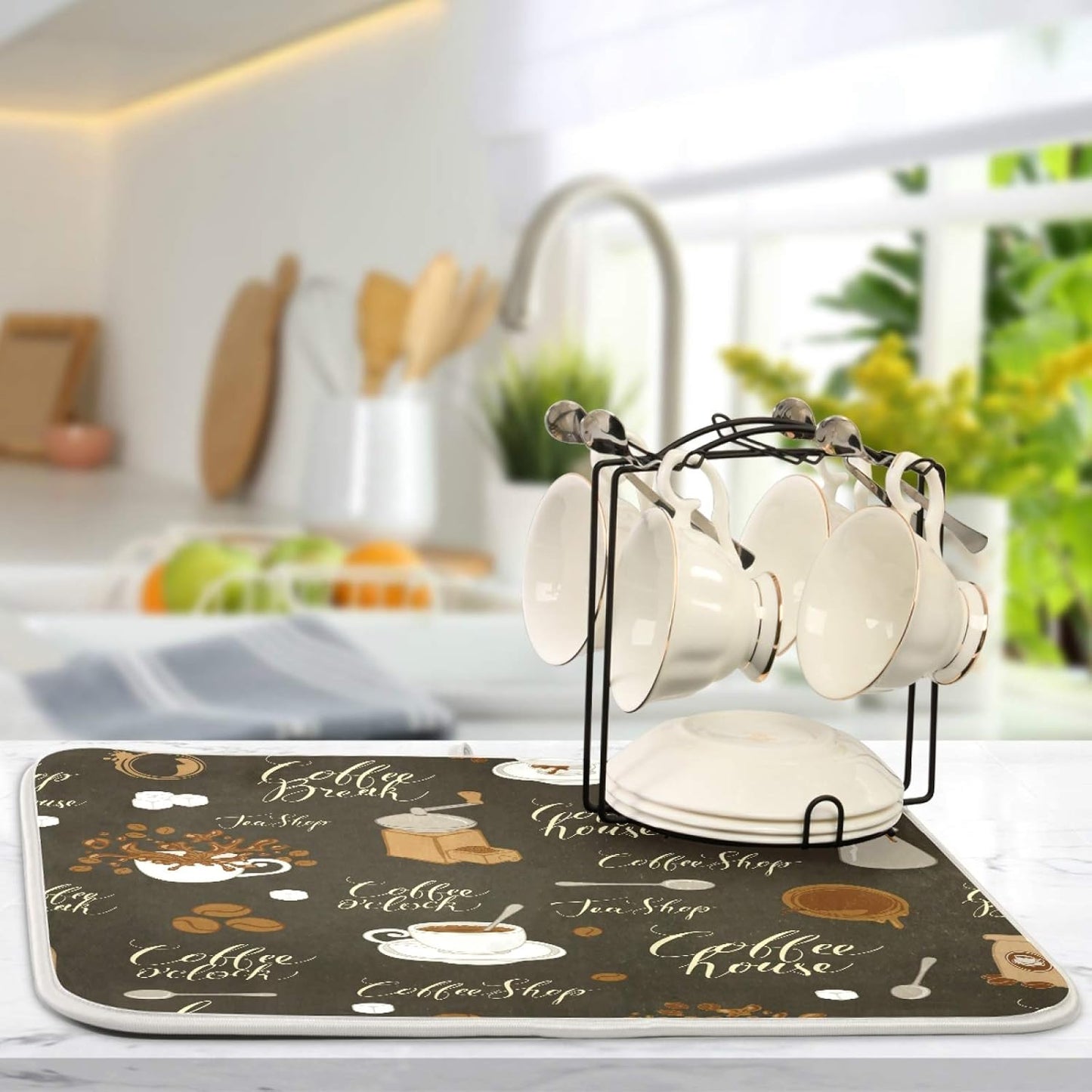 Coffee Beans Dish Drying Mat, 16 x 18 Inch Absorbent Microfiber Drying Pad for Kitchen Countertops