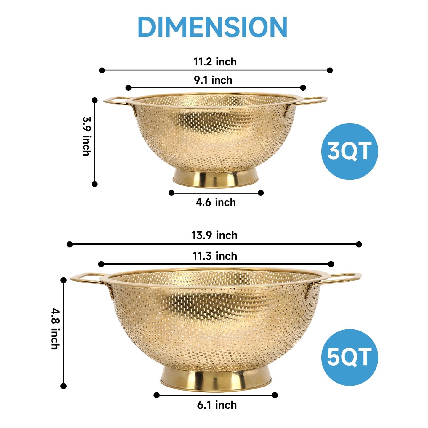 Gold Strainer for Kitchen, 3QT, Stainless Steel Colander with Handle for Fruits Vegetables Cooking Food, Dishwasher Safe
