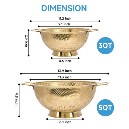 Gold Strainer for Kitchen, 3QT, Stainless Steel Colander with Handle for Fruits Vegetables Cooking Food, Dishwasher Safe