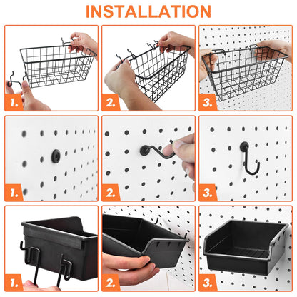 Pegboard Basket Organizers, Peg Board Large Baskets Hooks Bins Cups Tool Organizer 42 Pack Set, Wall Storage Display Hanging Accessories for Craft Office Stadio Shed Garage Organization (Black)