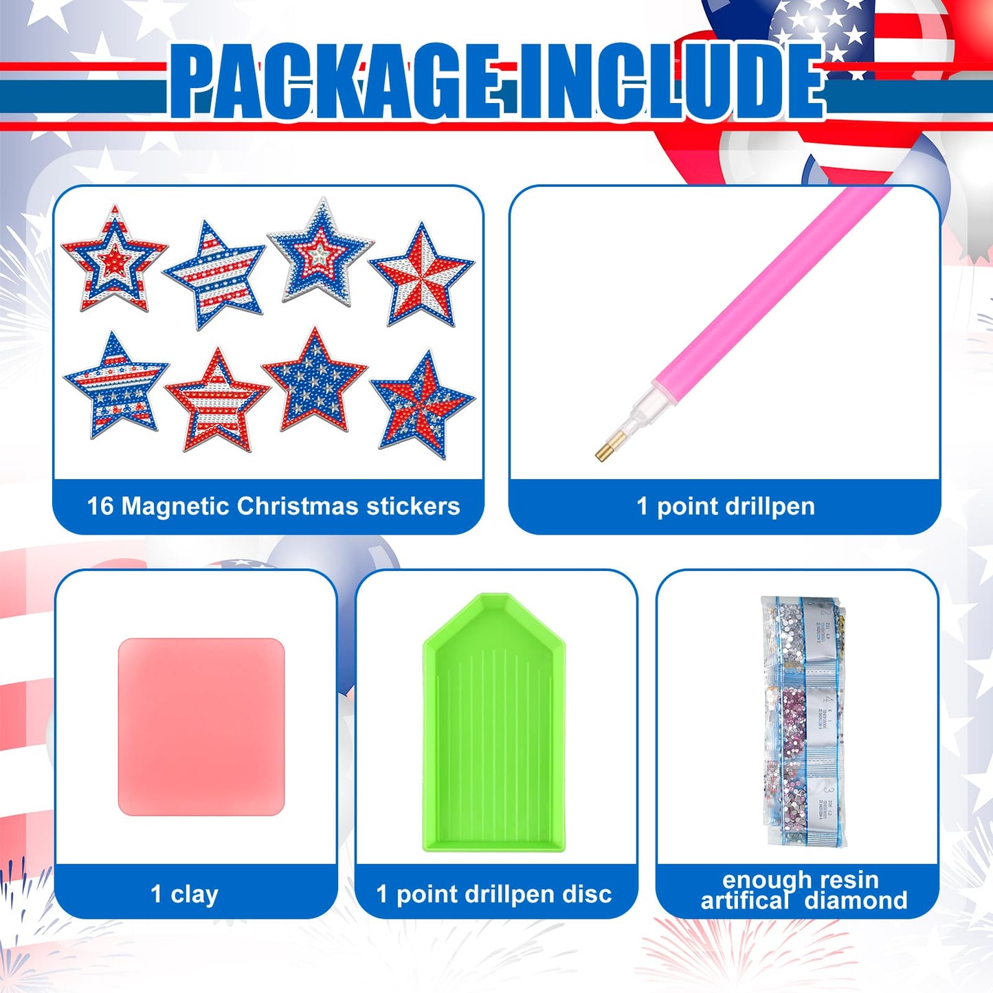 Umigy 16 Pcs 4th of July Patriotic Star Diamond Painting Magnets Refrigerator 250th Anniversary Memorial Day Diamond Art Kits USA Red Blue White Independence Day DIY Art Kits for Adults Beginner Craft