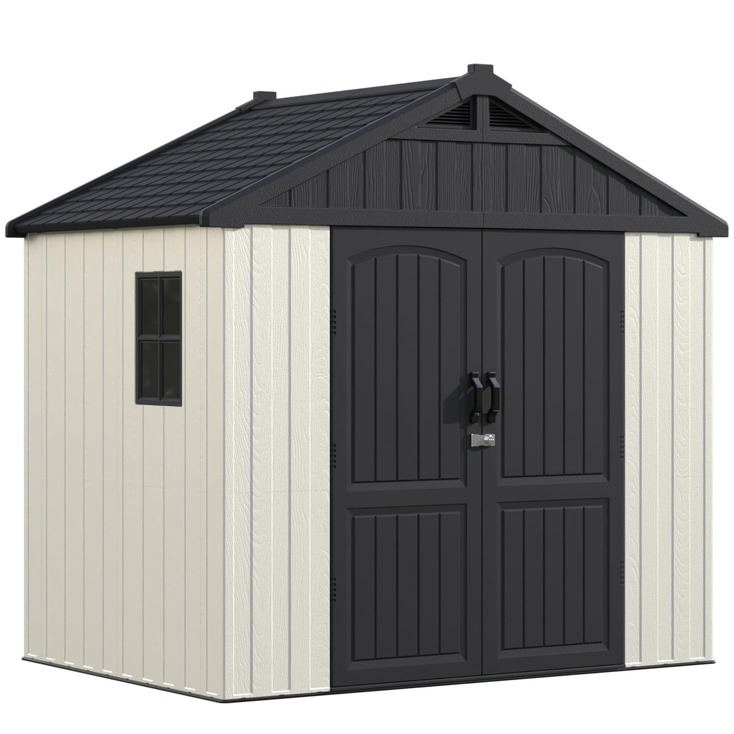 Devoko Plastic Outdoor Storage Shed with Floor, 8 x 6 FT Resin Tool Garden Shed with DIY Window and Lockable Door, Outside Kick-it Shed for Patio,Garden, Backyard, Lawn, Beige