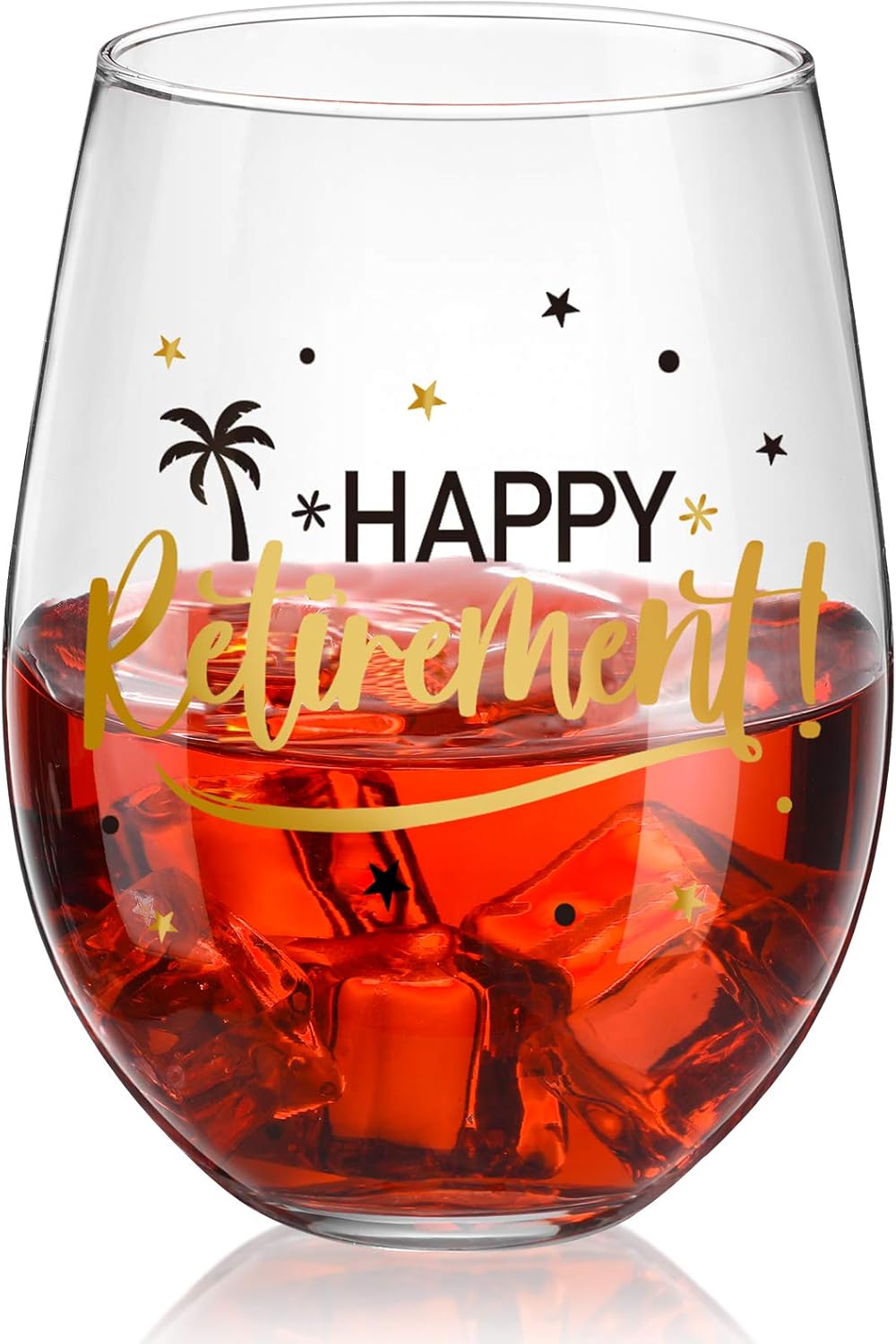 Patelai Happy Retirement Wine Glasses 17 oz, Stemless Wine Glasses for Women Men, Black and Gold Retirement Gift
