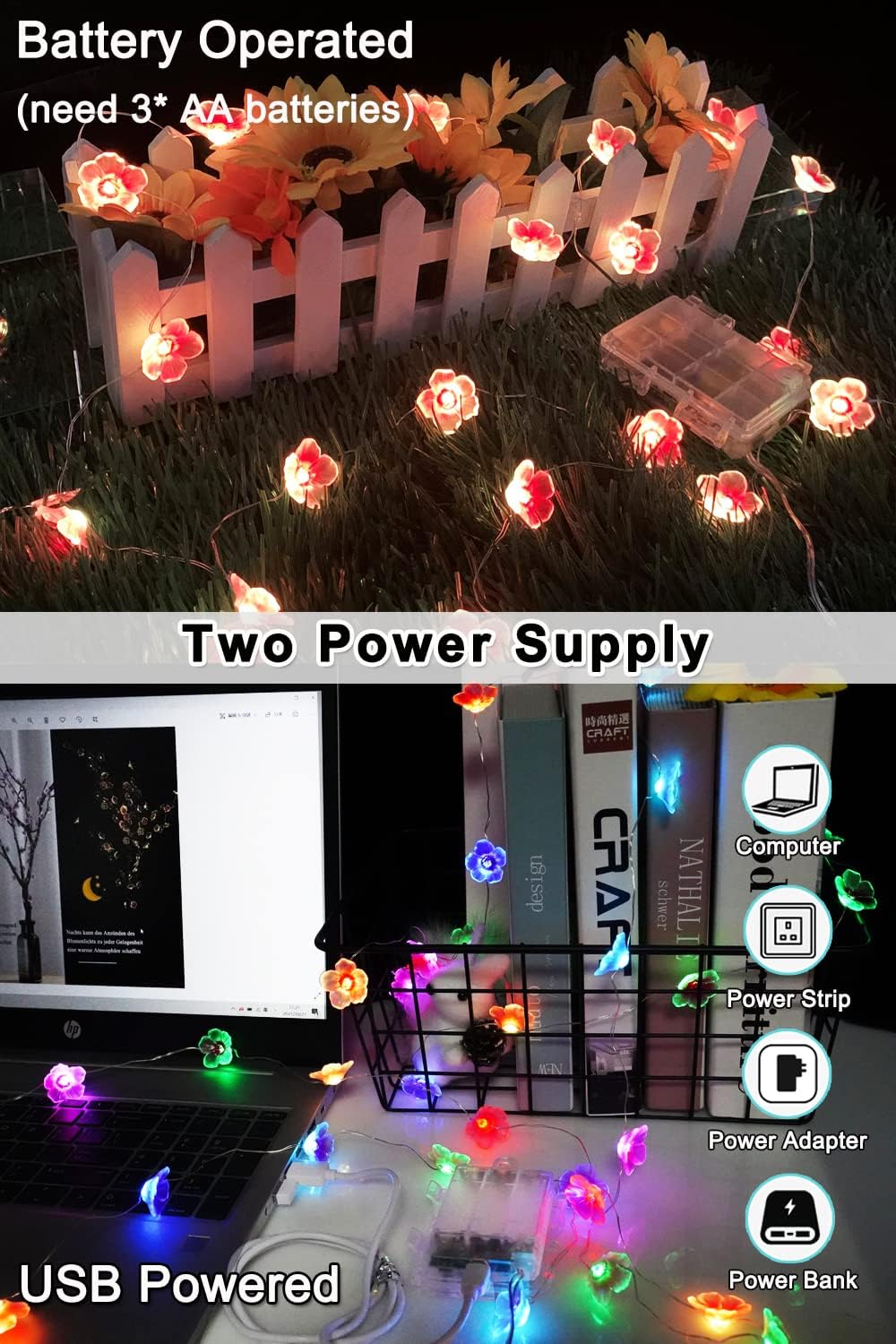 13ft 40LED OMIKA Multicolor Flower Lights Cherry Blossom String Lights Battery Operated & USB Powered, Fairy Lights