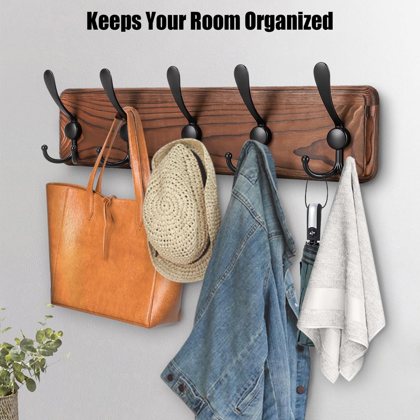 Gohiuo Rustic Wall Mount Coat Rack, Coat Hooks Wall Mount Wood Coat Rack with 5 Triple Hooks, Heavy Duty Wooden Wall Mounted Coat Hanger for Entryway, Farmhouse Hanging Coats, Hats, Bags,Towels