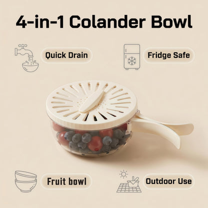 Multifunctional Fruit Washing Bowl with Strainer,2 in 1 Drain basket and Fruit Strainer Container with Lid,Fruit Washer Bowl for Kitchen,Fridge,Picnic & Camping(1QT)