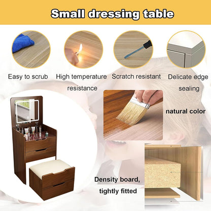 KEIKI Vanity Desk with Plip Top Mirror, 3 in 1 Make Up Vanity Set with 3 Drawers, Dressing Table with Stool for Bedroom, Walnut