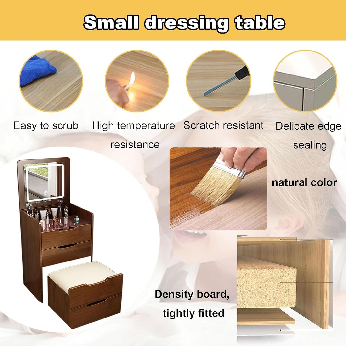 KEIKI 3 in 1 Vanity Desk with Plip Top Mirror, Make Up Vanity Set with 3 Drawers, Dressing Table with Stool for Bedroom, Walnut