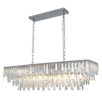 39" Modern Rectangle Crystal Chandelier, Chrome Linear Pendant Light with Clear Crystal Prisms, Luxury Island Lighting Fixture for Dining Room Kitchen Table Living Room