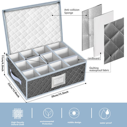 VERONLY Mug and Cup Storage Box with Dividers - 2 Pack China Storage Bin Containers Holds 24 Glassware, Stackable Coffee Mug Organizer Bin and Tea Cup with 2 Metal Zipper,Label and Handles (Grey)