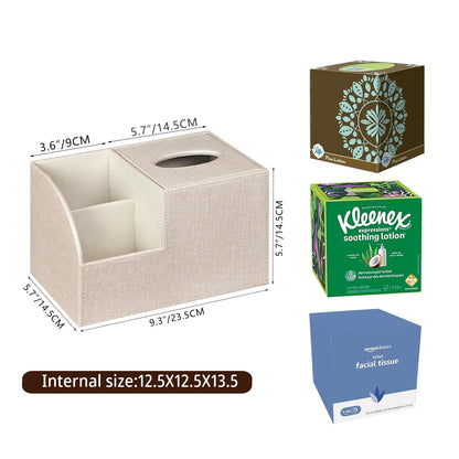 PU Leather Square Tissue Box Cover - Multi-Functional Tissue Box Holder, Tissue Box Cover with Storage,Tissue and Remote Control Holder, Cube Tissue Box Organizer Bedroom Nightstand End Table