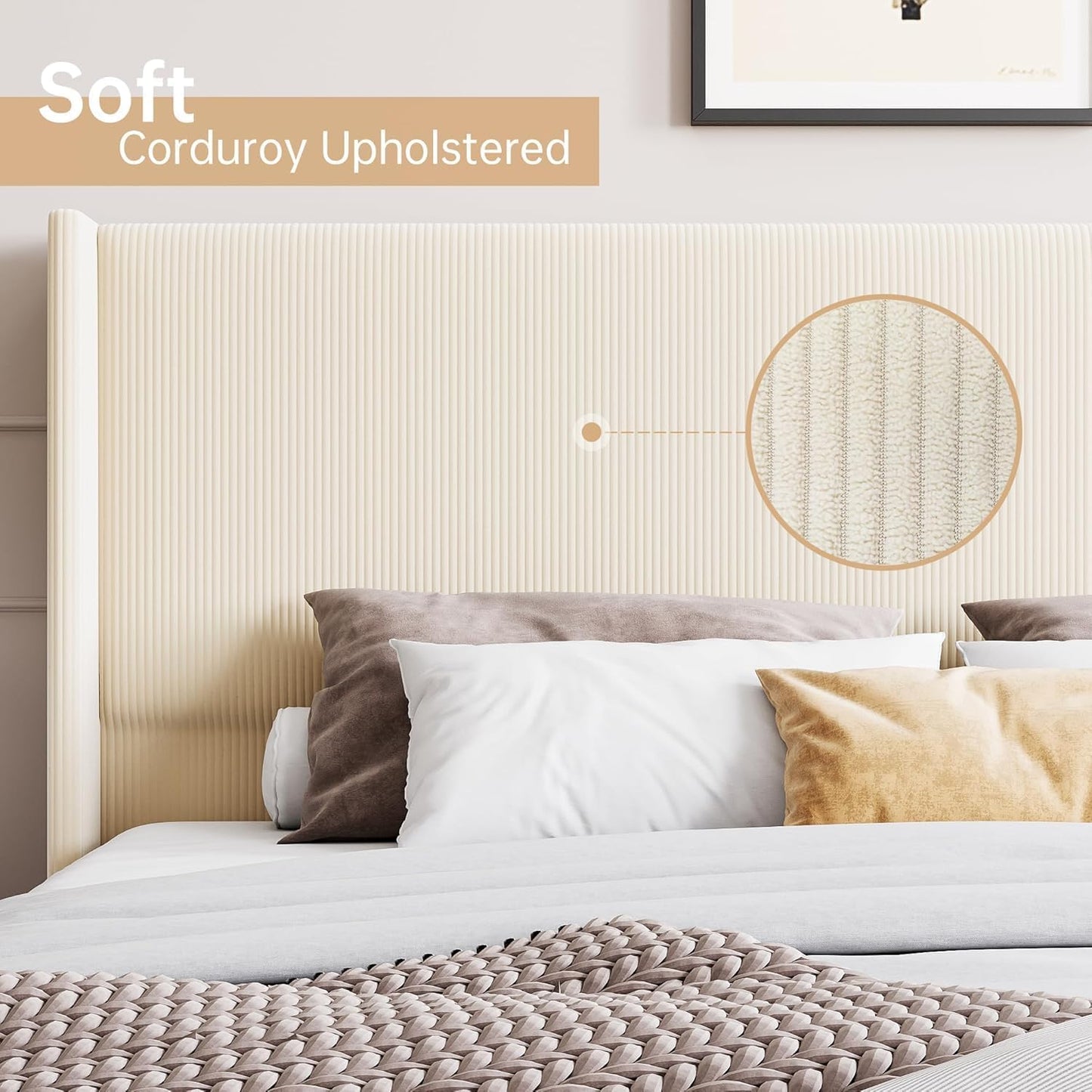 GarveeLife King Size Corduroy Upholstered Bed Frame, 50.4" Wingback Headboard with Sponge Padding, Wooden Slats Support, Noise‑Free, No Box Spring Needed, Beige