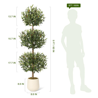 2 Pcs Artificial Olive Tree, 5FT Tall Olive Trees Artificial Indoor, Fake Olive Tree with Planter, 3-Tier Spherical Design Faux Olive Tree for Home Office Decor