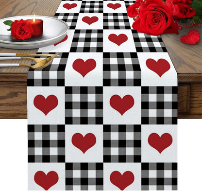Buffalo Check Table Runners 90 Inches Long, Valentine's Day Love Heart Plaid Black White Table Runner for Family Dinner